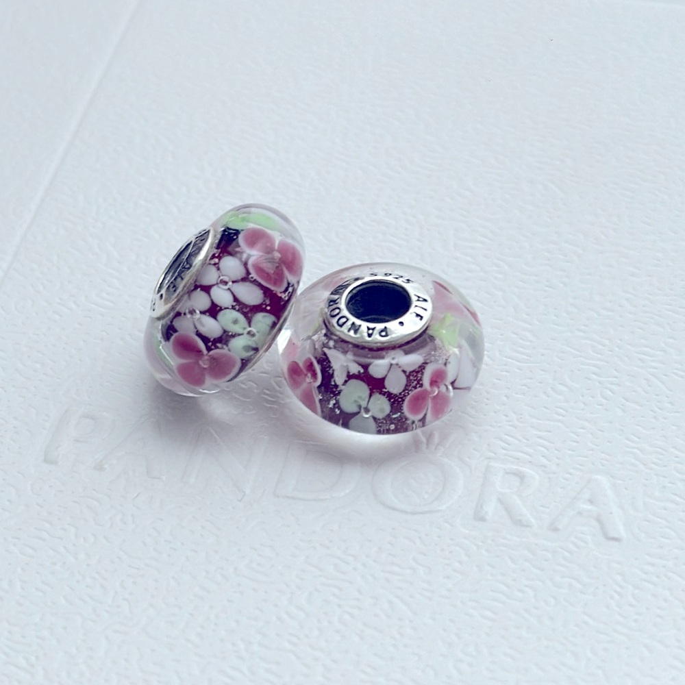 Pandora Pink and Silver Charm Bracelet, Spring Flower Garden Murano Glass Charm - Picture 5 of 5